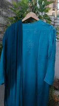 Elegant Christmas Blue premium georgette Chikankari Kurti set by LVW Fashion with intricate embroidery and traditional style.