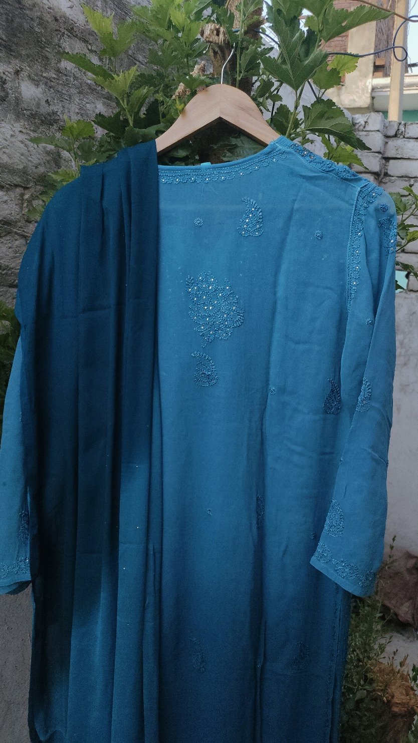 Elegant Christmas Blue premium georgette Chikankari Kurti set by LVW Fashion with intricate embroidery and traditional style.