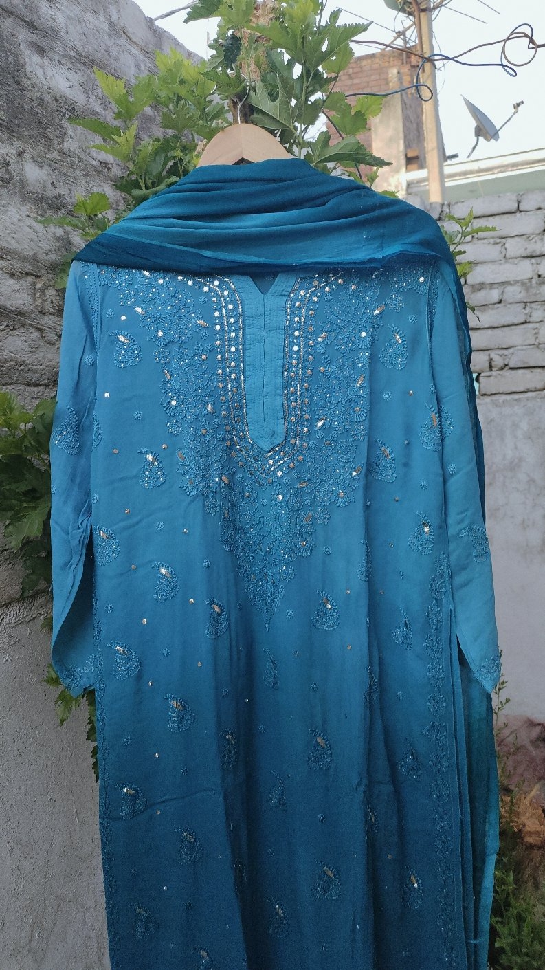 Blue Georgette Chikankari Kurti Set by LVW Fashion, featuring intricate embroidery and festive design for Christmas celebrations.