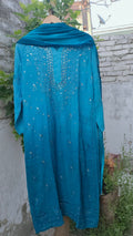 Christmas Blue premium Georgette Chikankari Kurti Set by LVW Fashion featuring intricate white chikankari embroidery on blue georgette fabric.