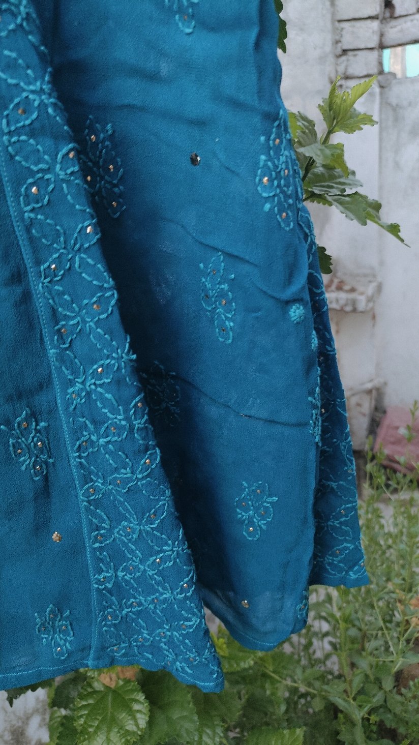 Blue Georgette Chikankari Kurti Set by LVW Fashion with intricate embroidery, perfect for festive Christmas celebrations.