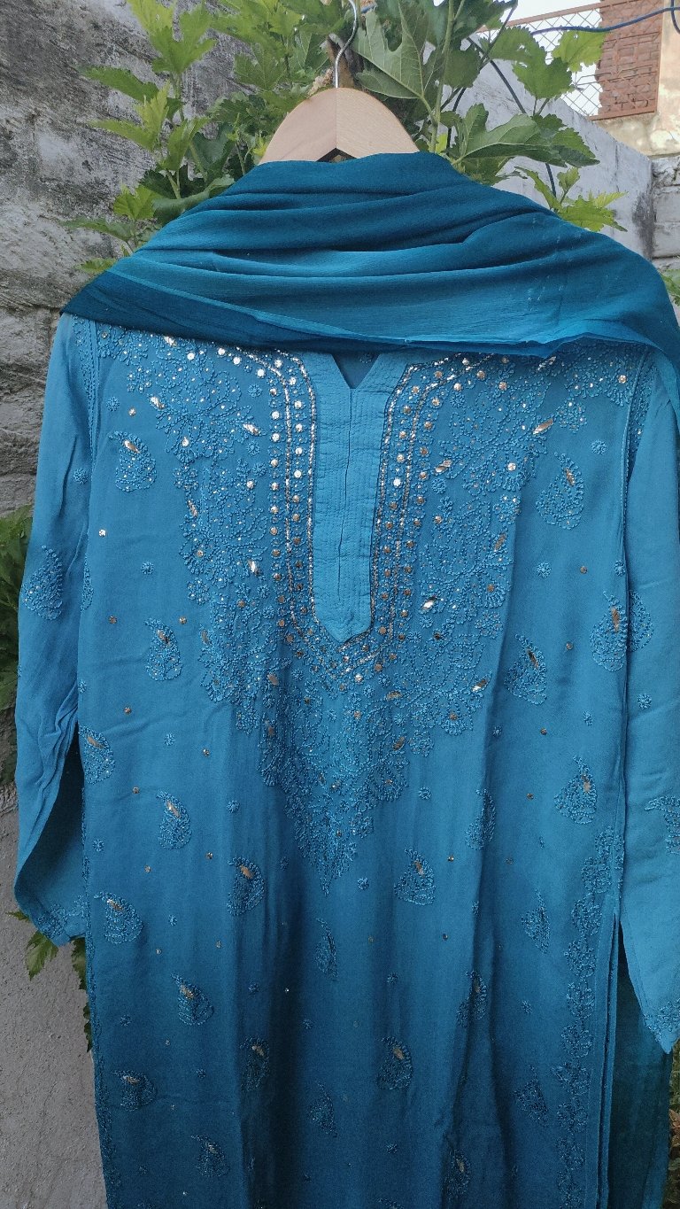 Blue premium georgette Chikankari Kurti set with intricate embroidery, styled by LVW Fashion Luxurious Chikankari, perfect for festive occasions.