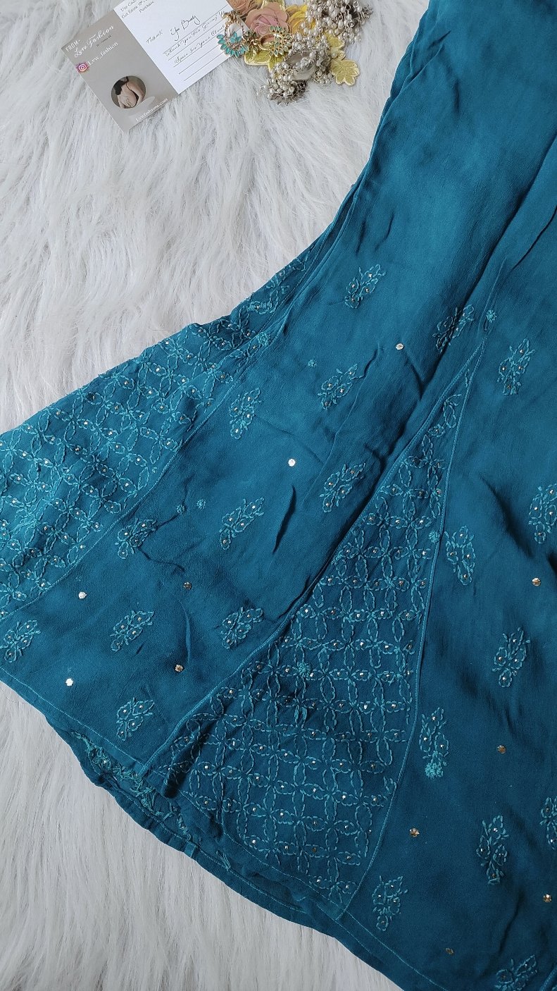 Blue Christmas-themed Georgette Chikankari Kurti set by LVW Fashion, featuring intricate embroidery and a luxurious design.