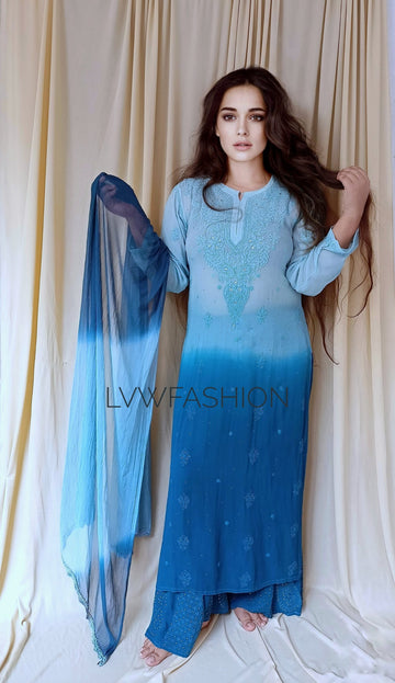 Luxurious Christmas Blue Ombre Dye 3-piece set in premium Georgette by LVW Fashion with intricate Chikankari embroidery.