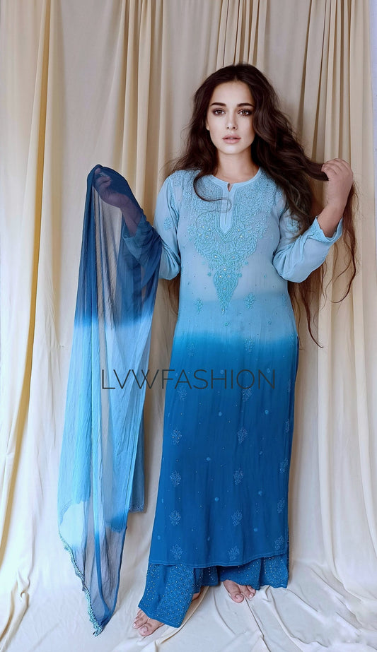 Luxurious Christmas Blue Ombre Dye 3-piece set in premium Georgette by LVW Fashion with intricate Chikankari embroidery.