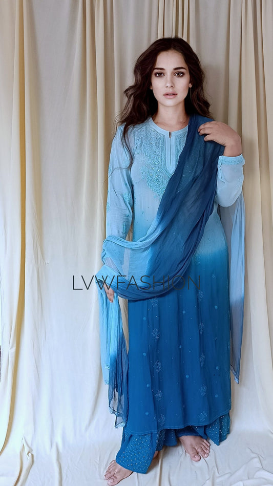 Christmas Blue Ombre Dye 3-piece set by LVW Fashion in luxurious georgette with Chikankari embroidery, perfect for festive occasions.
