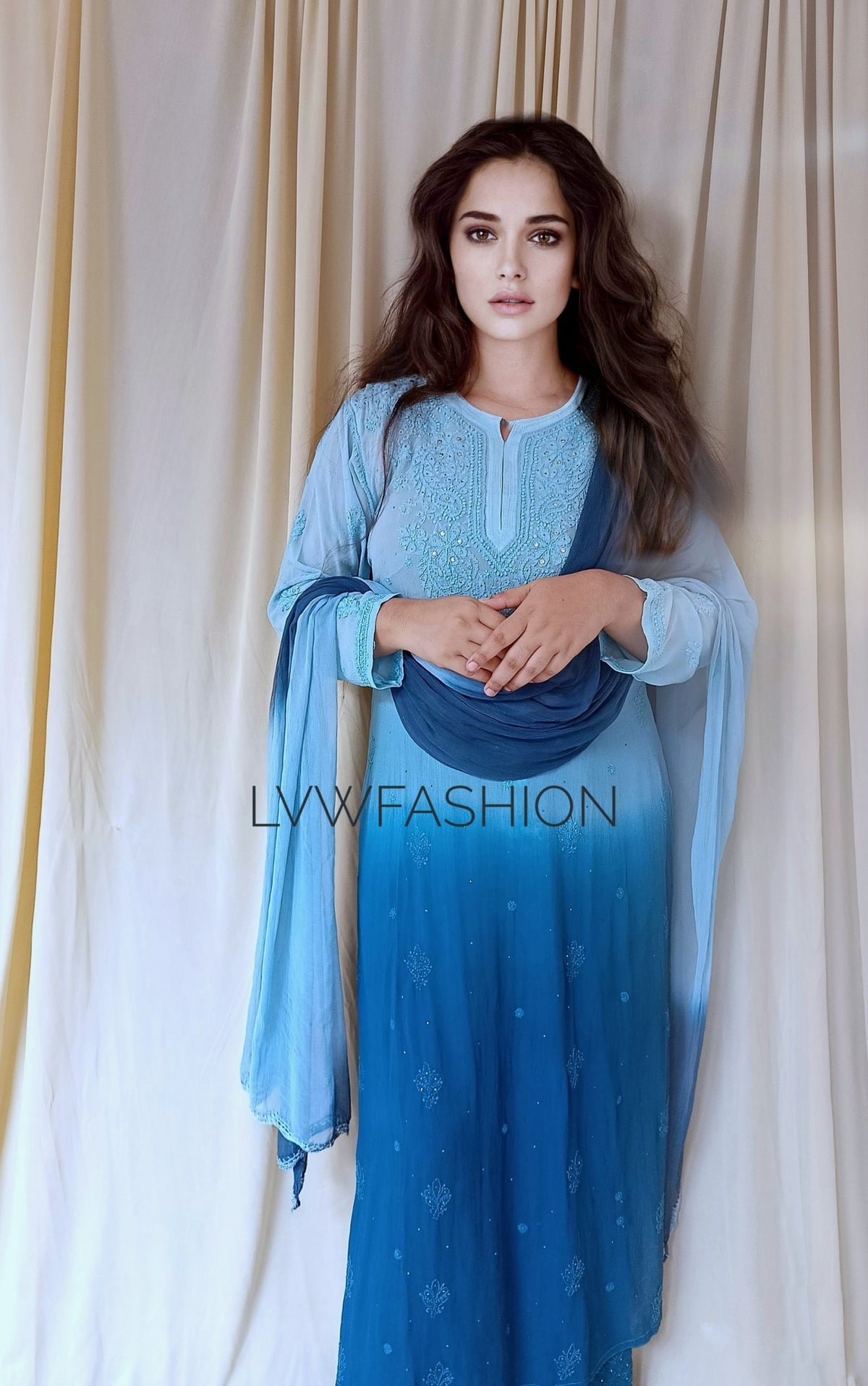 Christmas Blue Ombre Dye 3-piece set by LVW Fashion in luxurious georgette with elegant chikankari embroidery.