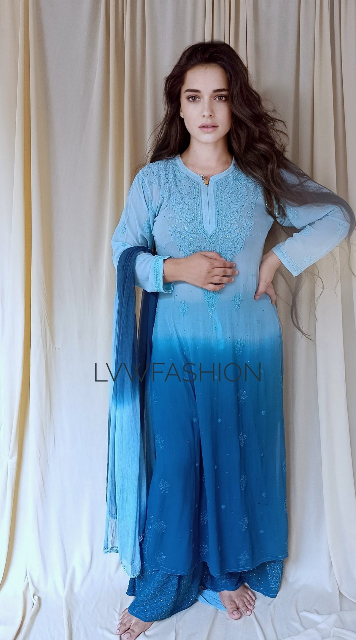 Christmas Blue Ombre Dye 3-piece set by LVW Fashion, luxurious georgette fabric with elegant chikankari detailing.