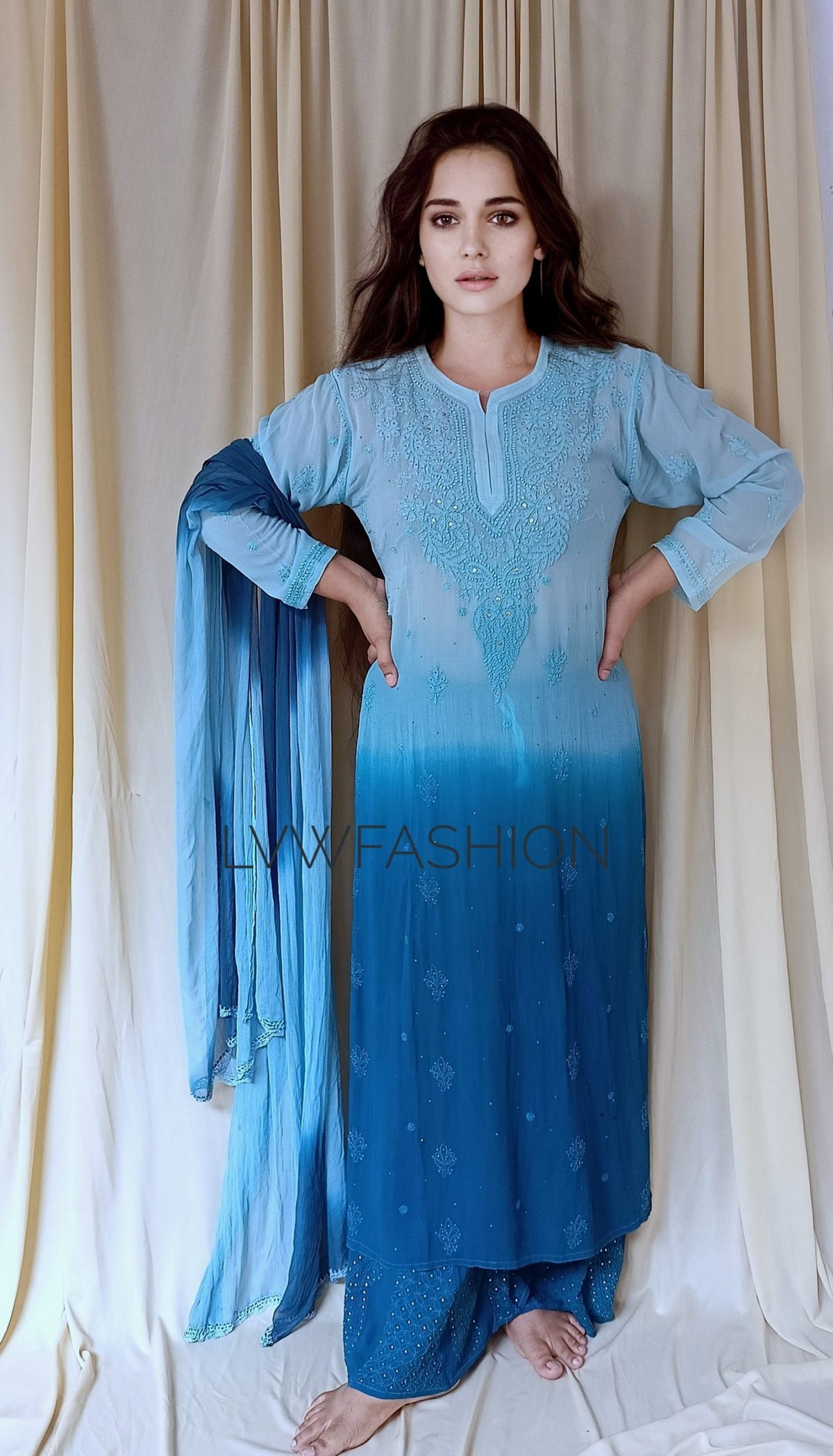 Christmas Blue Ombre Dye 3-piece set in premium georgette by LVW Fashion Luxurious Chikankari, featuring elegant blue ombre design.