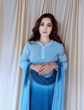 Blue ombre dye 3-piece set in premium georgette by LVW Fashion Luxurious Chikankari, featuring intricate craftsmanship.