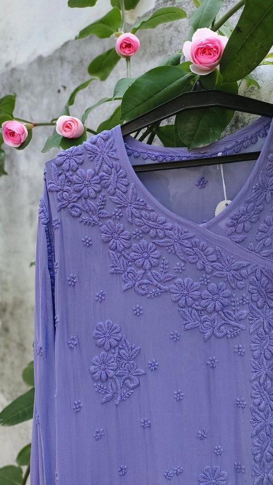 Lavender Duaa Love Luxurious Chikankari Angrakha by LVW Fashion with intricate embroidery and traditional design.