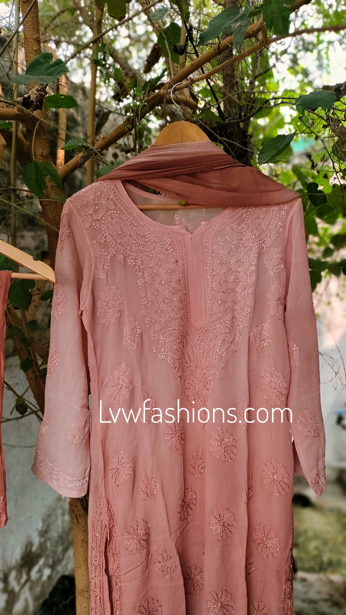 E L I F Brownies premium georgette 3-piece set with intricate resham embroidery by LVW Fashion, featuring luxurious chikankari details.