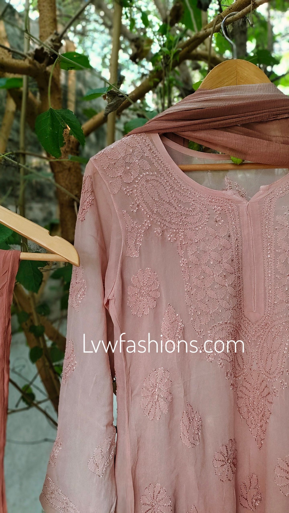 Elegant E L I F Brownies premium georgette 3-piece set with intricate Resham embroidery by LVW Fashion Luxurious Chikankari.