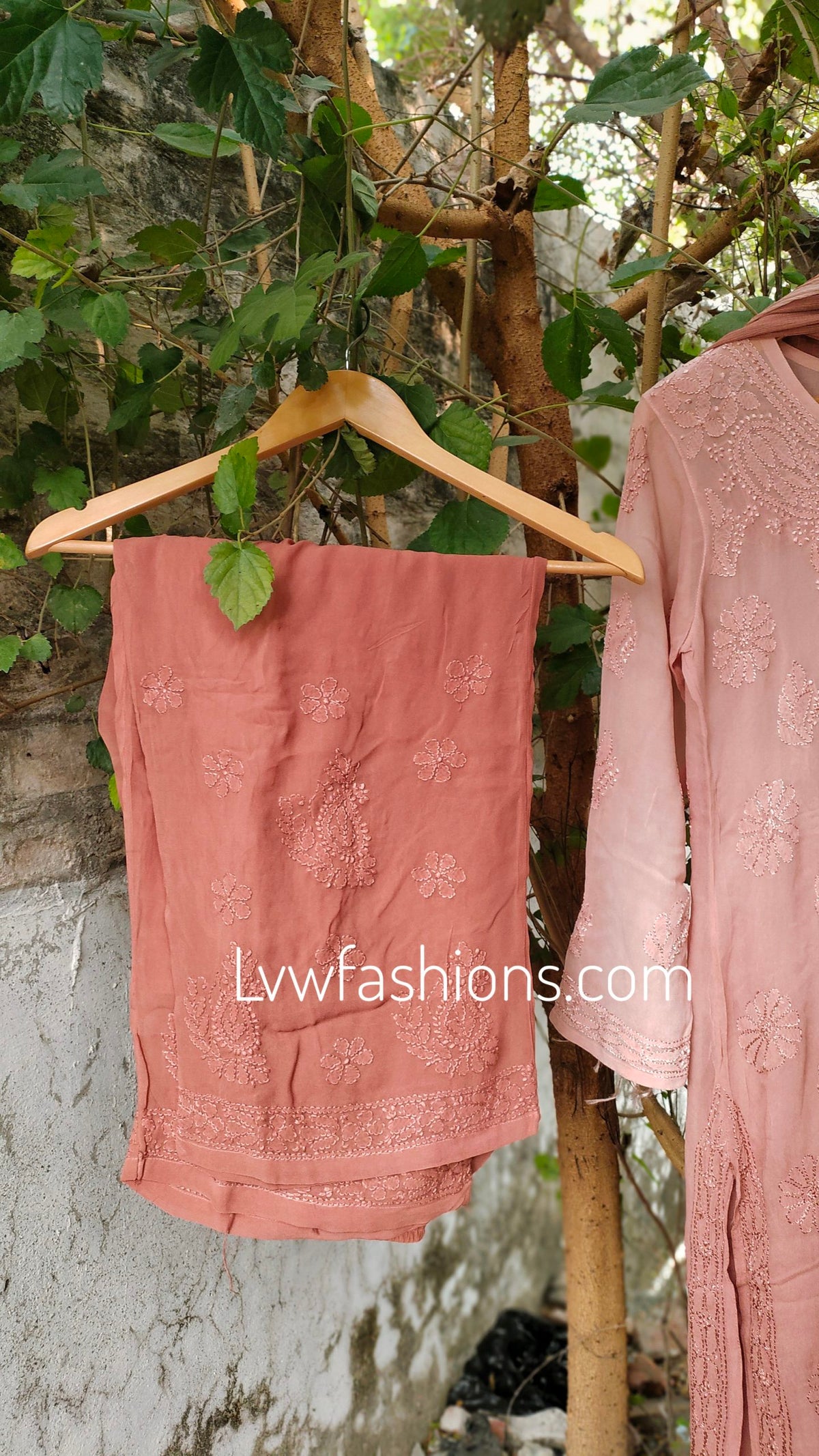 Elegant E L I F Brownies premium georgette 3-piece set with intricate Resham embroidery by LVW Fashion Luxurious Chikankari.