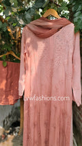 Elegant E L I F Brownies premium georgette 3-piece set with intricate resham embroidery by LVW Fashion Luxurious Chikankari.