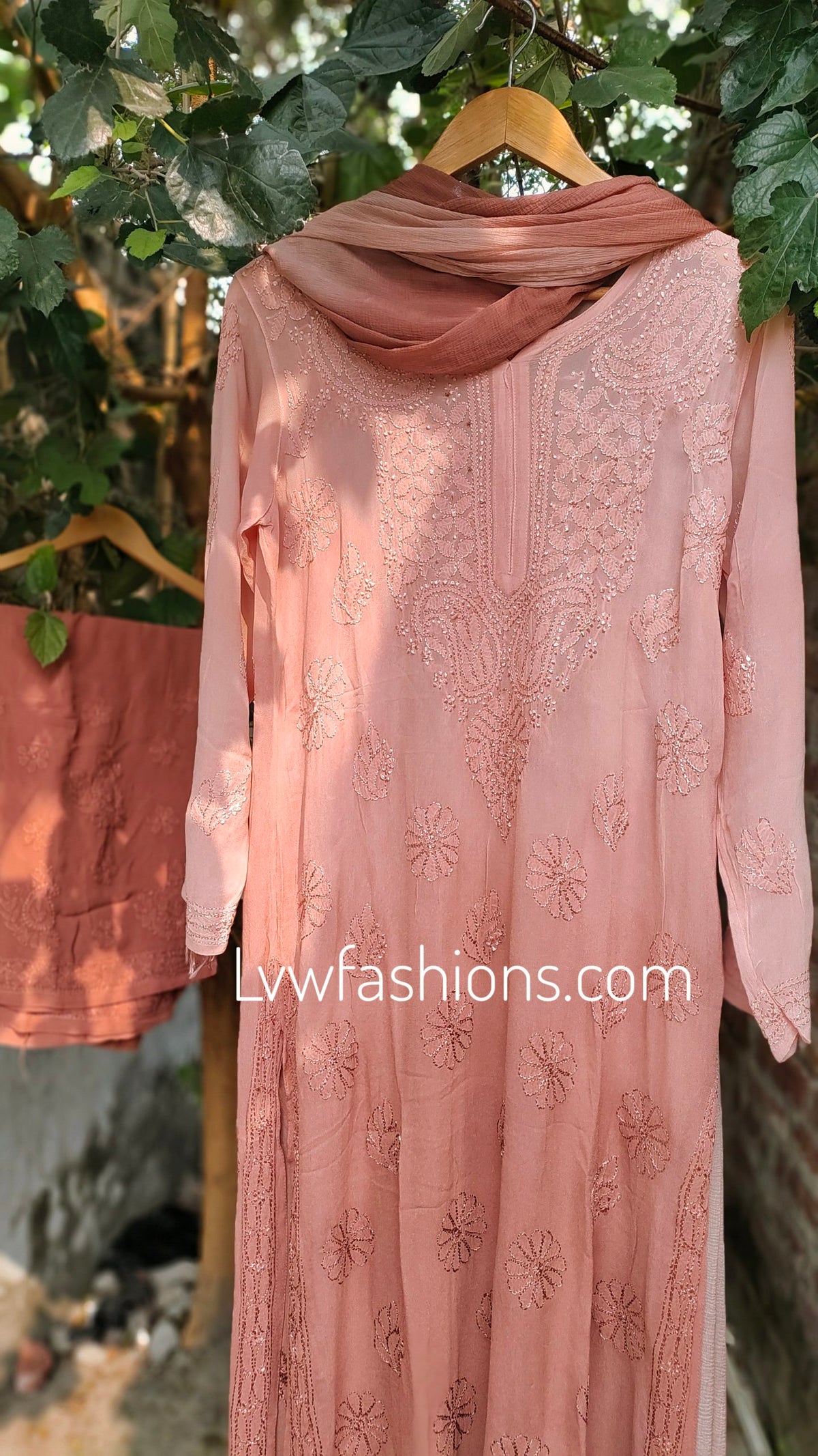 Elegant E L I F Brownies premium georgette 3-piece set with intricate resham embroidery by LVW Fashion Luxurious Chikankari.
