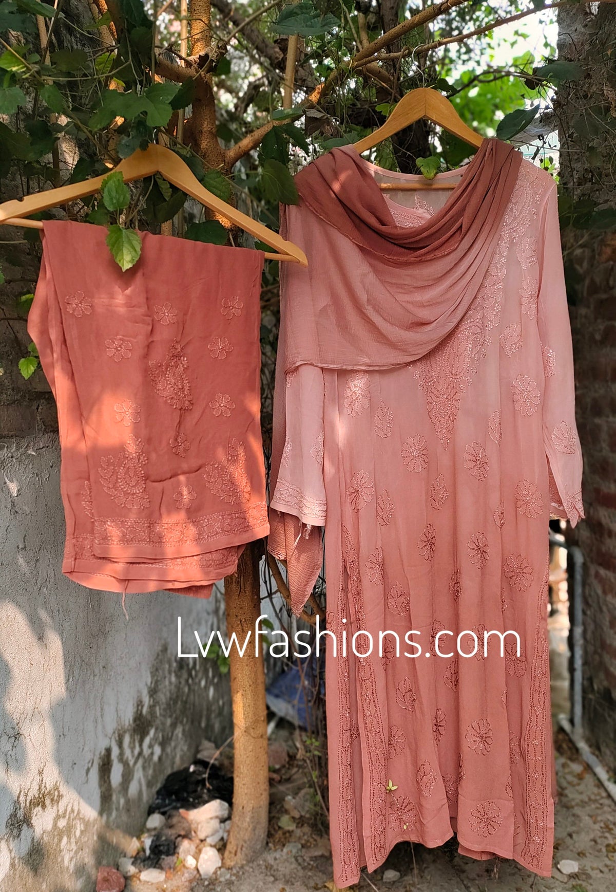 Elegant E L I F Brownies premium georgette 3-piece set with intricate Resham embroidery by LVW Fashion Luxurious Chikankari.