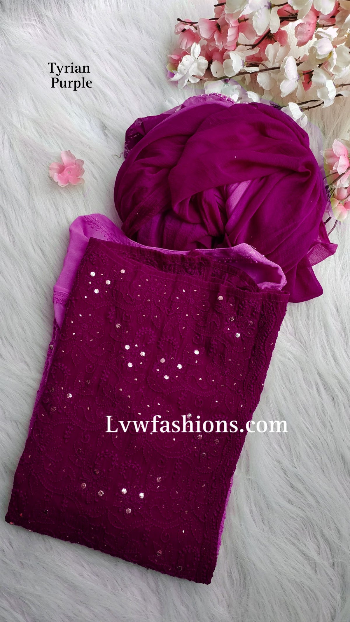 Electric blue Rose Premium Georgette Chikankari kurta by LVW Fashion, featuring intricate hand embroidery and elegant pure chikankari design.