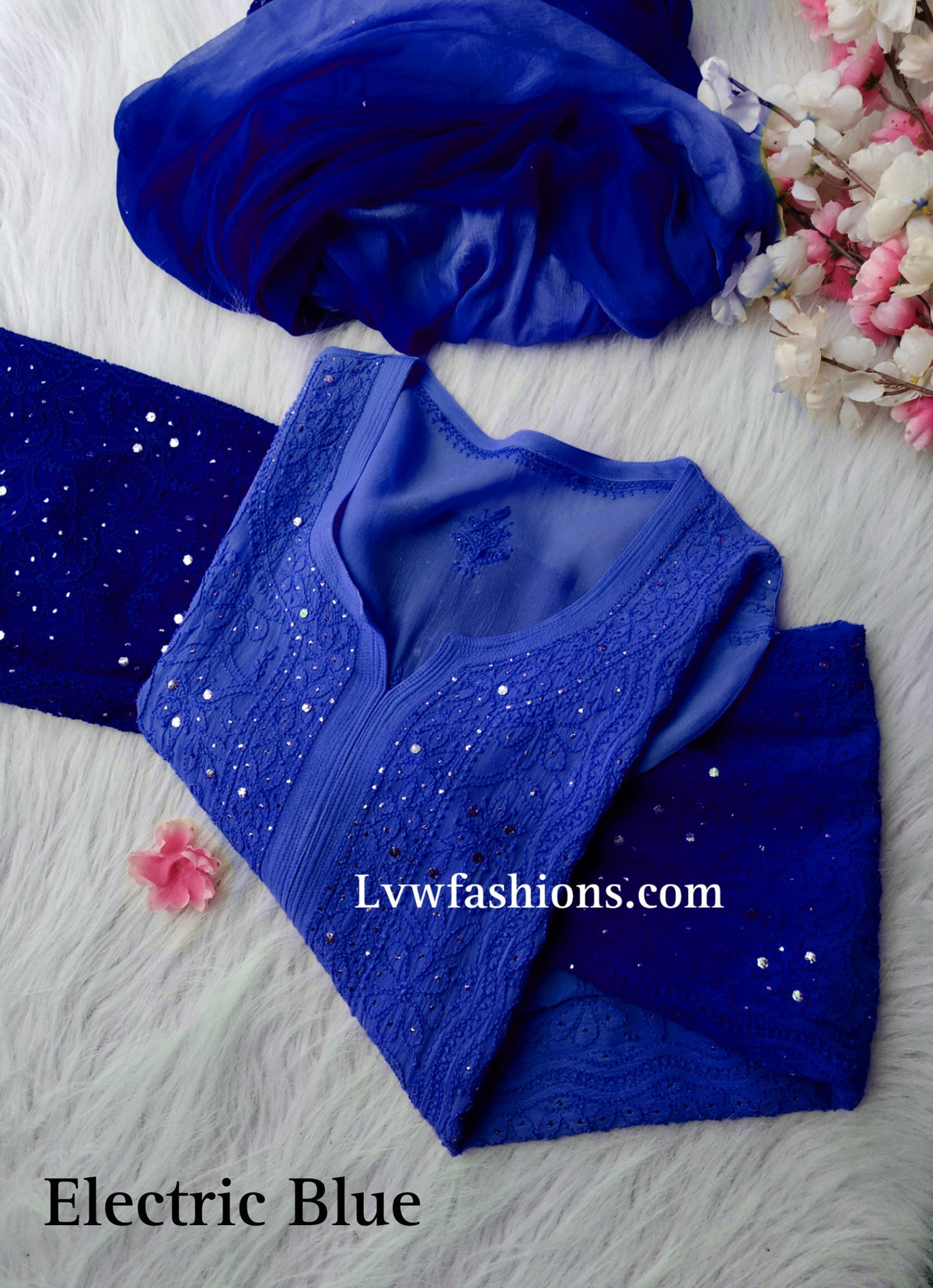 Electric blue Rose Premium Georgette Chikankari kurta by LVW Fashion, featuring intricate pure Chikankari embroidery.
