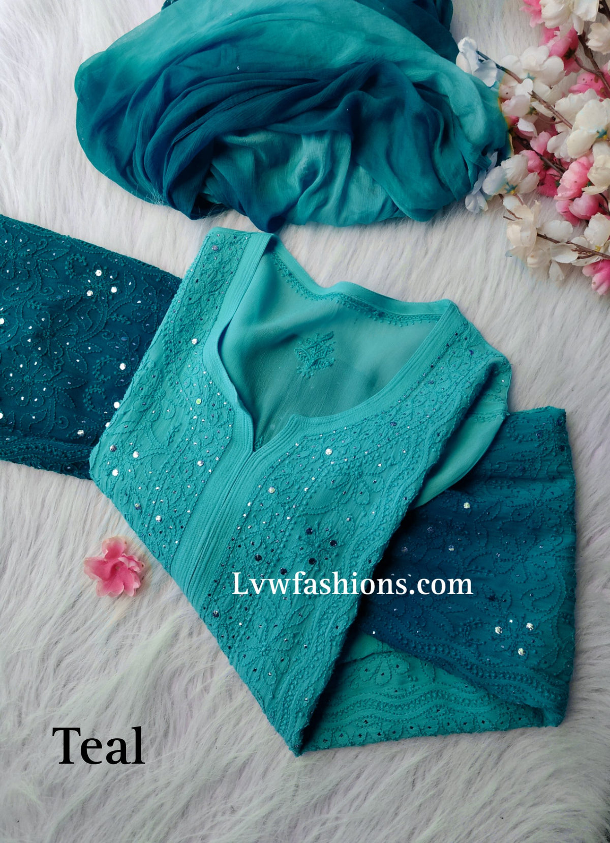 Electric blue Rose Premium Georgette Chikankari kurta by LVW Fashion featuring intricate hand-stitched embroidery and elegant design.