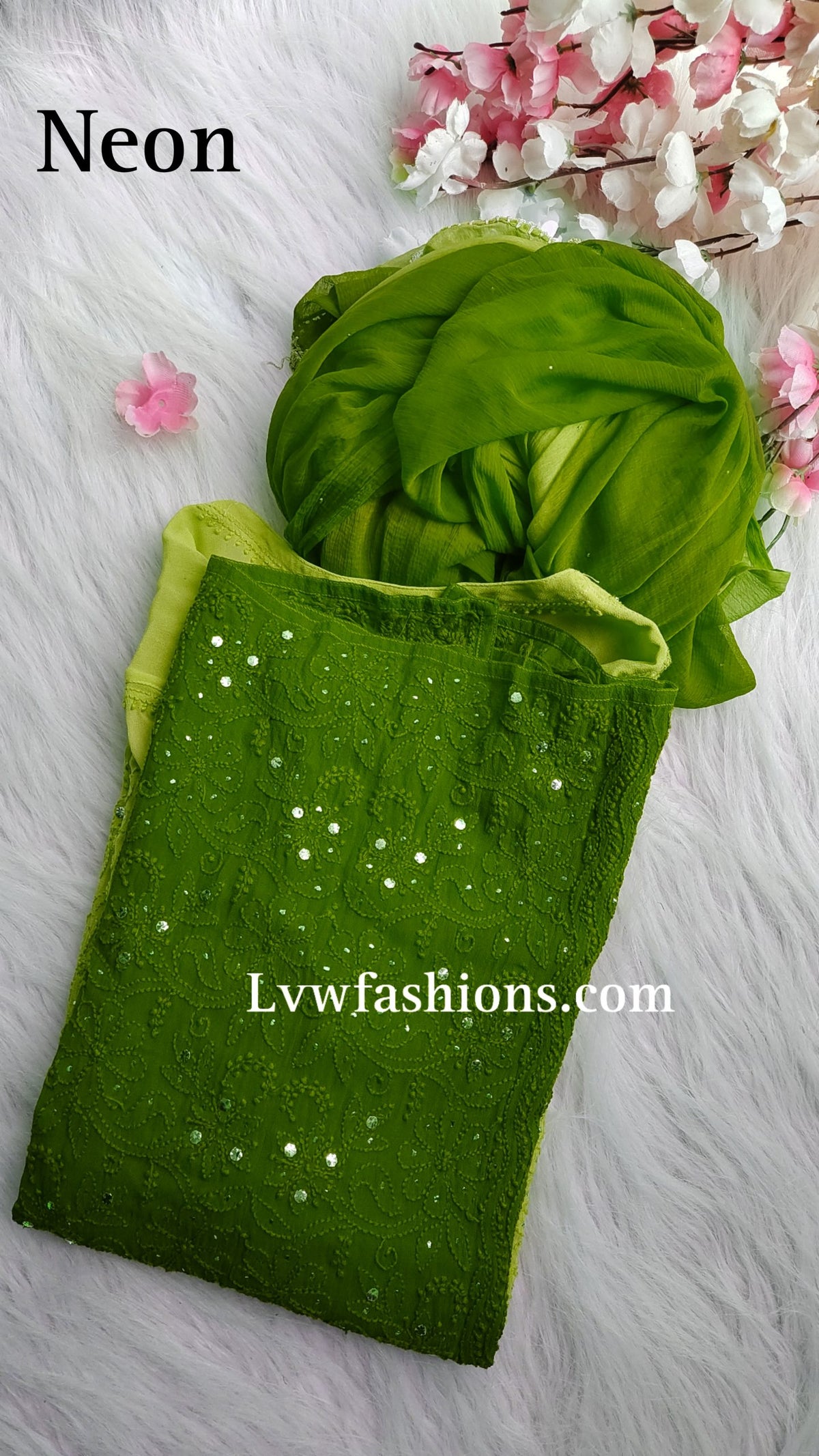 Electric blue Rose Premium Georgette Chikankari kurta by LVW Fashion with intricate pure chikankari embroidery.
