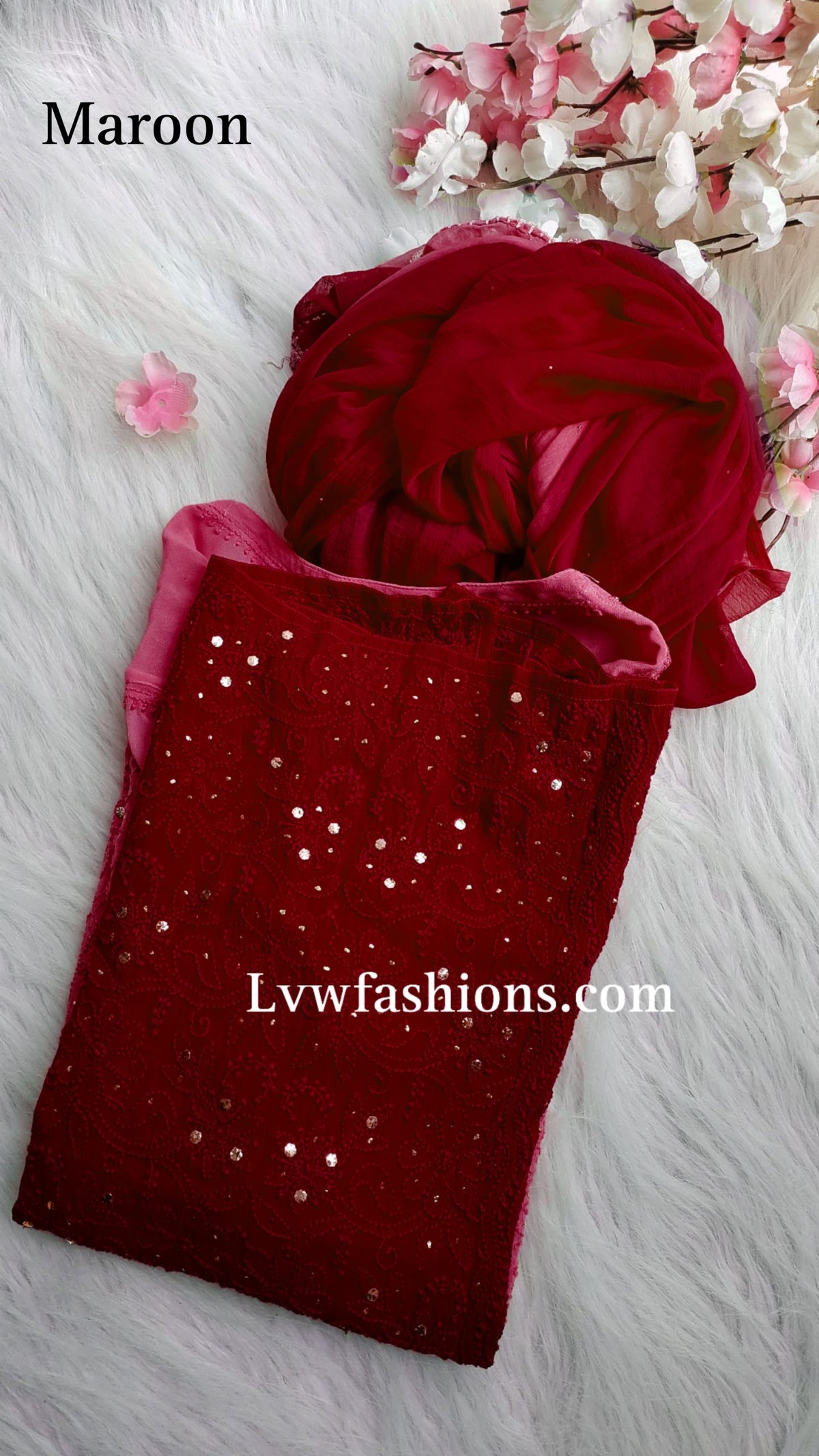Electric blue Rose Premium Georgette Chikankari kurta by LVW Fashion, featuring intricate embroidery and elegant traditional design.