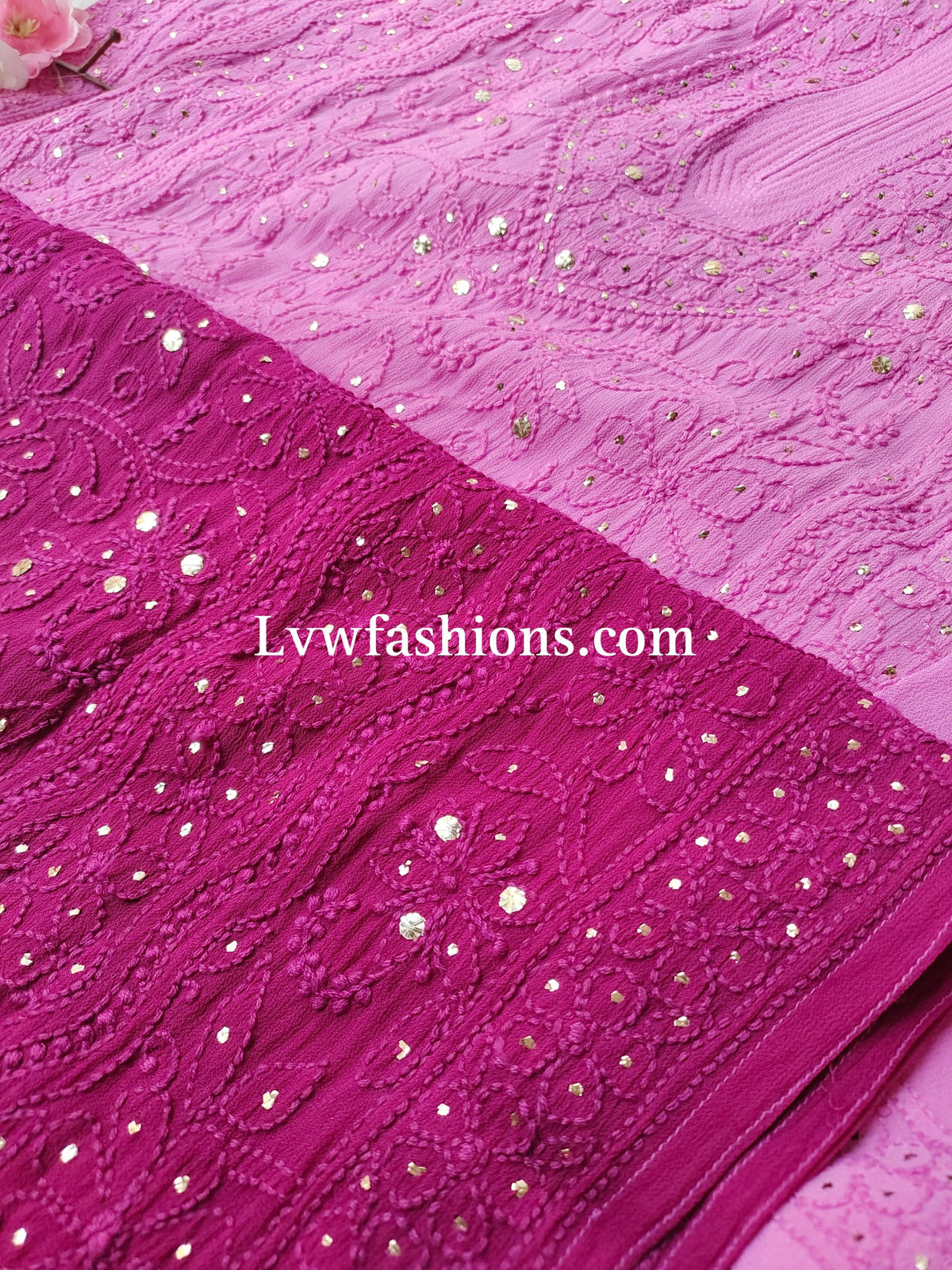 Electric blue Rose Premium Georgette Chikankari kurta by LVW Fashion, showcasing intricate hand-stitched embroidery and elegant design.