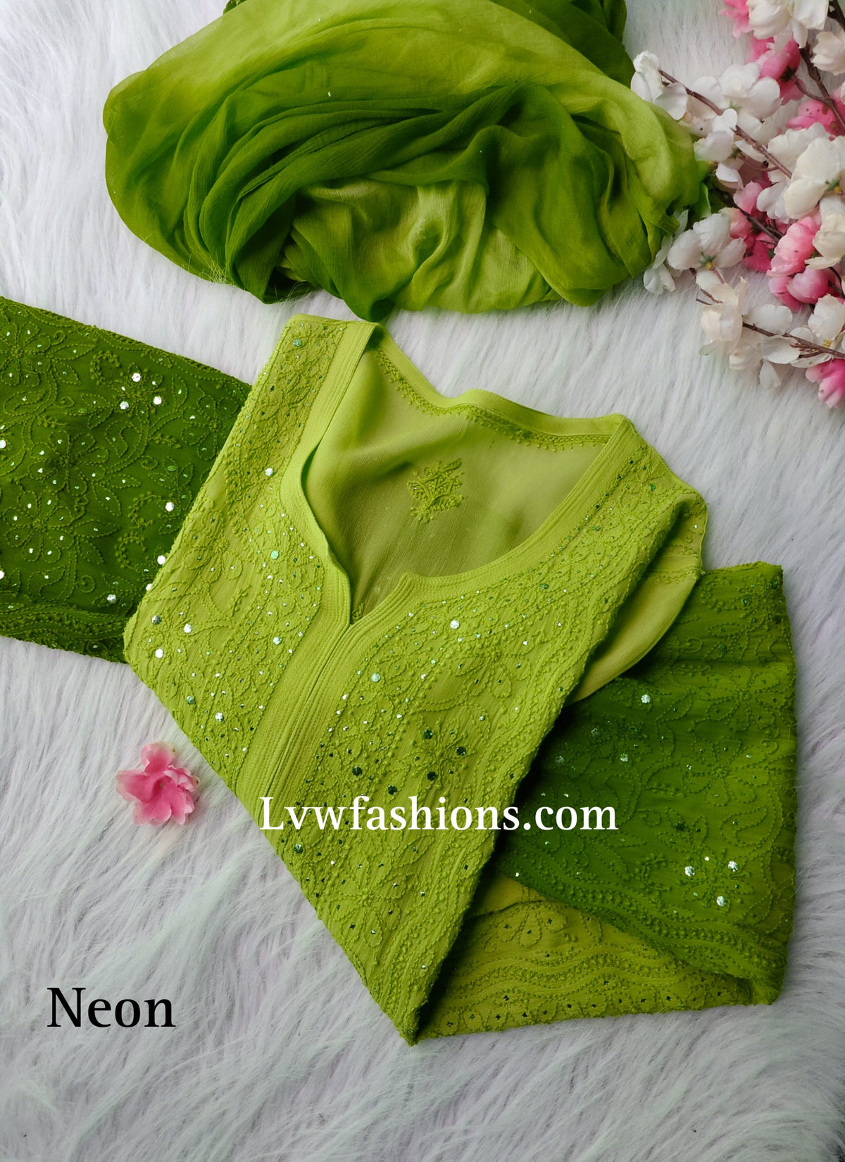Electric blue Rose Premium Georgette Chikankari kurta by LVW Fashion, featuring intricate hand-stitched embroidery and elegant design.