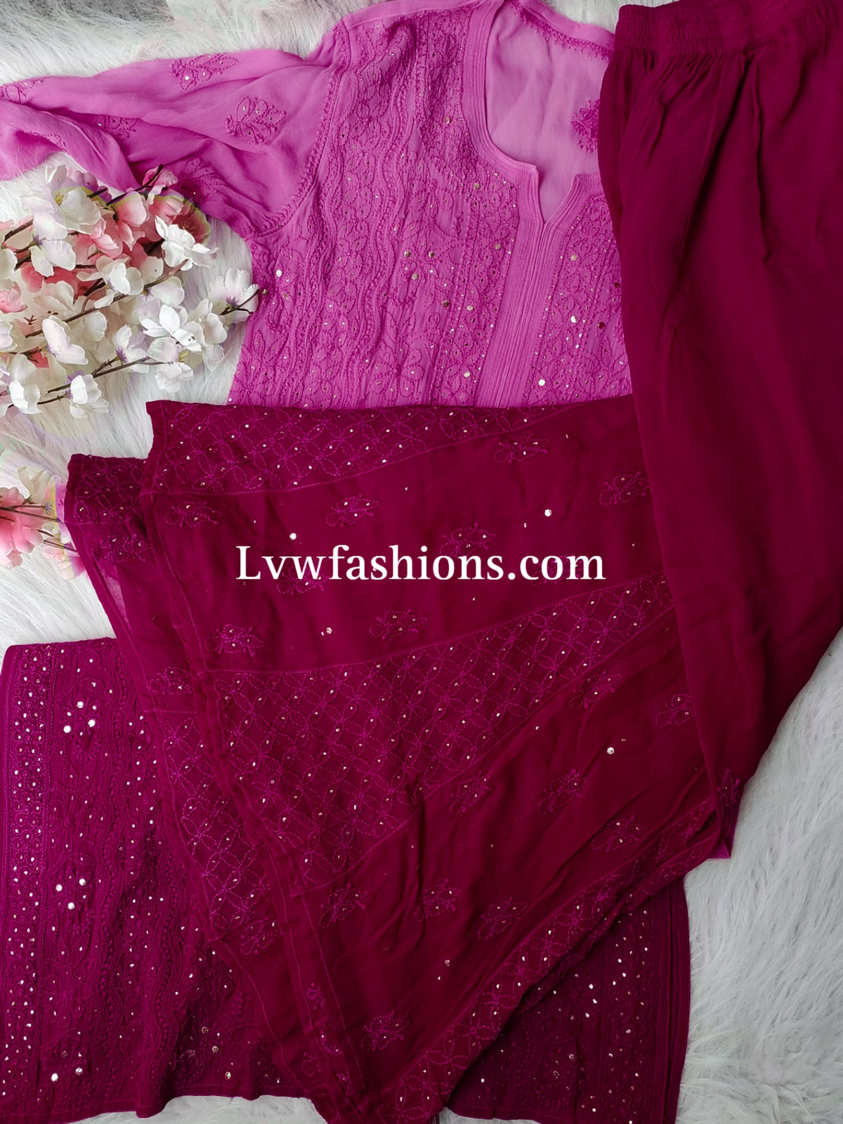 Electric blue Rose Premium Georgette Chikankari kurta by LVW Fashion, featuring intricate hand-stitched embroidery and elegant design.