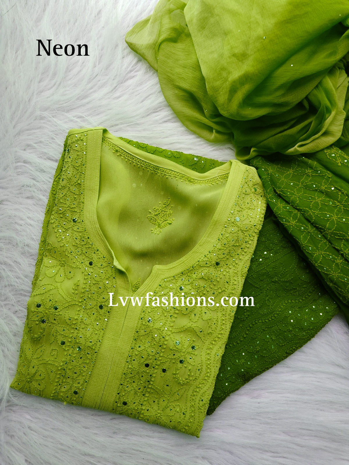 Electric blue Rose Premium Georgette Chikankari kurta by LVW Fashion, showcasing intricate hand-embroidered patterns and elegant design.
