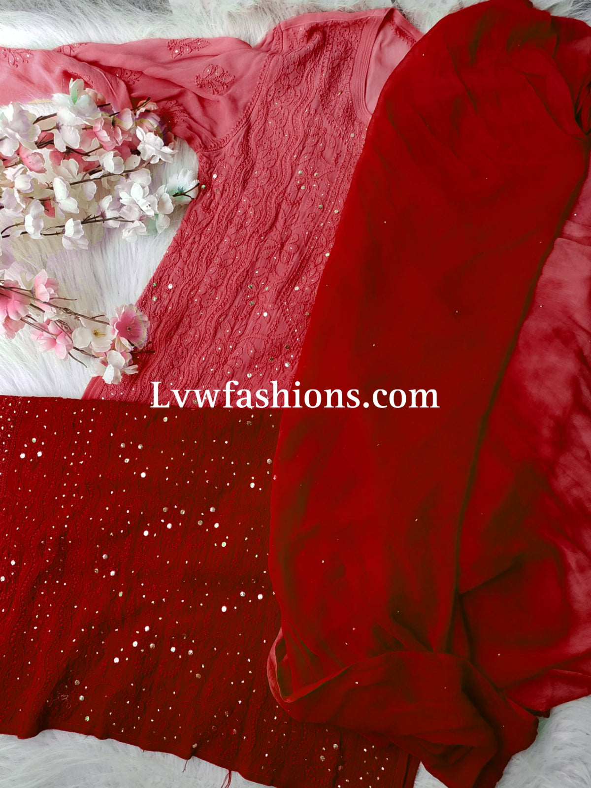 Electric blue Rose Premium Georgette Chikankari kurta by LVW Fashion with intricate hand-embroidery, lightweight and elegant.