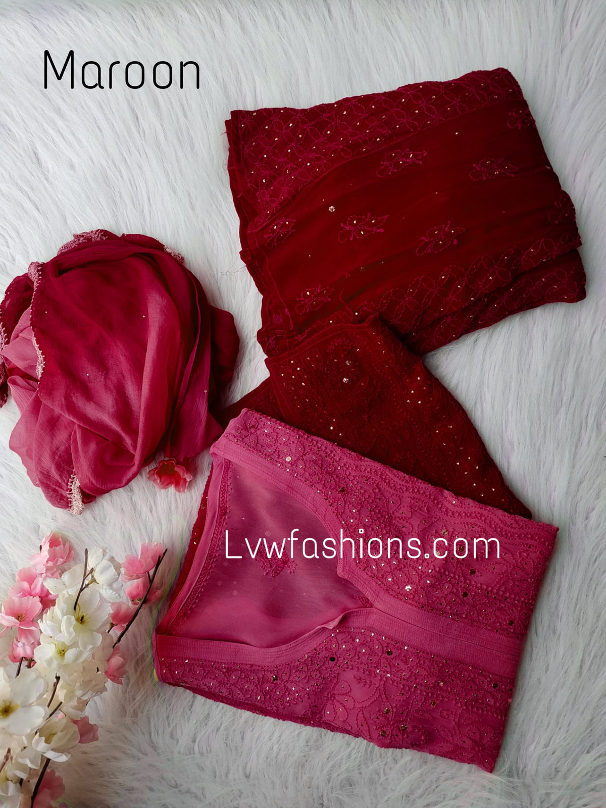 Electric blue Rose Premium Georgette Chikankari kurta by LVW Fashion featuring intricate pure chikankari embroidery.