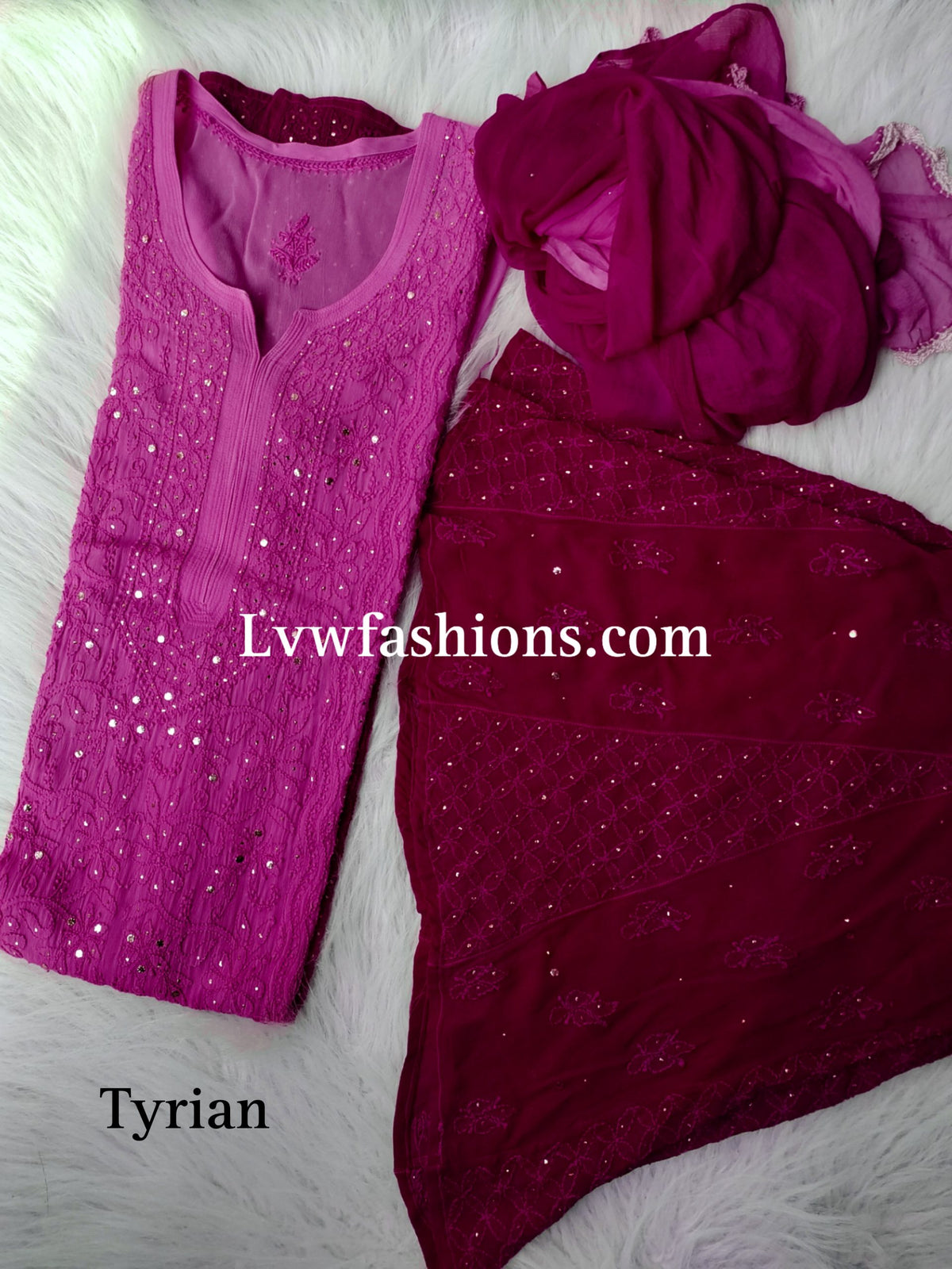 Electric blue Rose Premium Georgette Chikankari kurta by LVW Fashion, showcasing intricate hand-embroidered floral design.