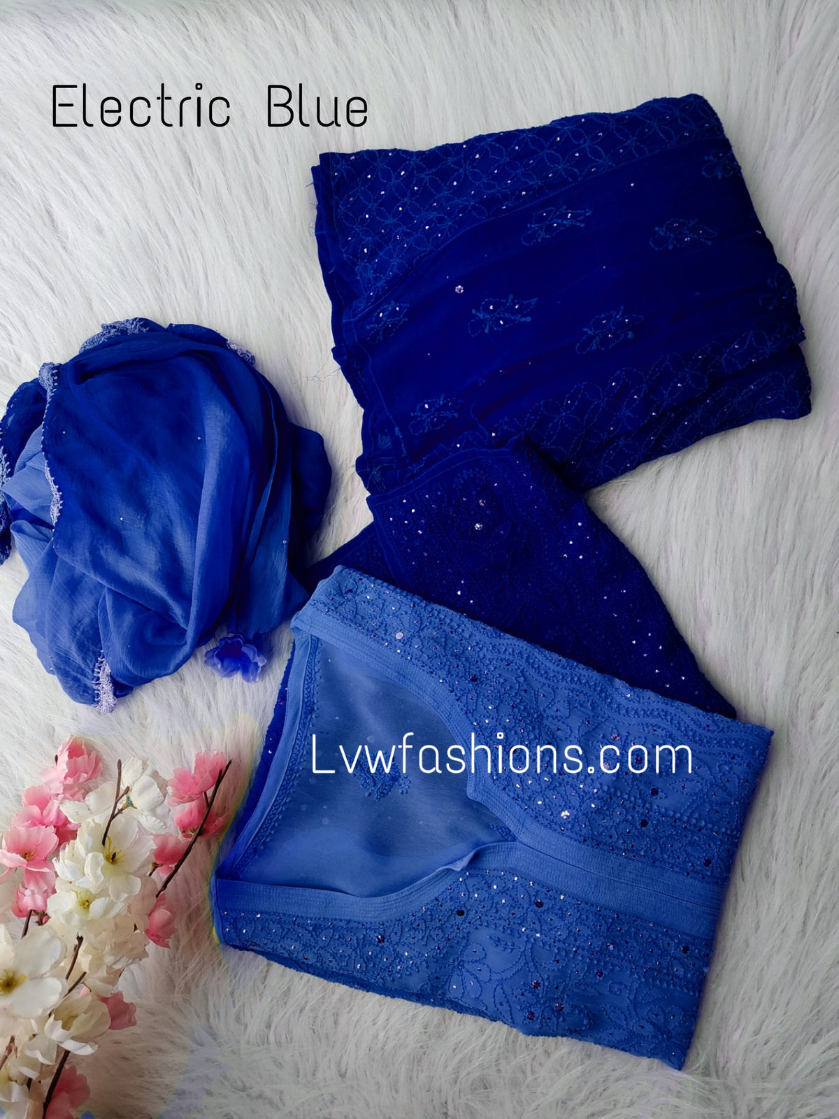 Electric blue Rose Premium Georgette Chikankari kurta by LVW Fashion, featuring intricate pure chikankari embroidery.