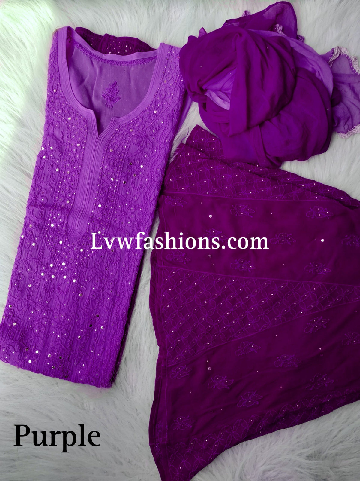 Electric blue Rose Premium Georgette Chikankari kurta by LVW Fashion, showcasing intricate hand-stitched embroidery and elegant design.
