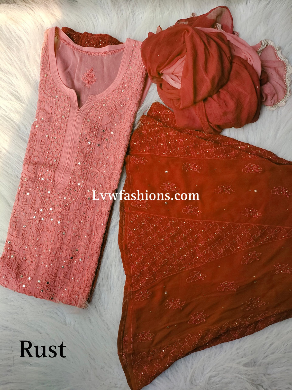 Electric blue Rose Premium Georgette Chikankari kurta by LVW Fashion, featuring intricate hand-embroidered floral designs.