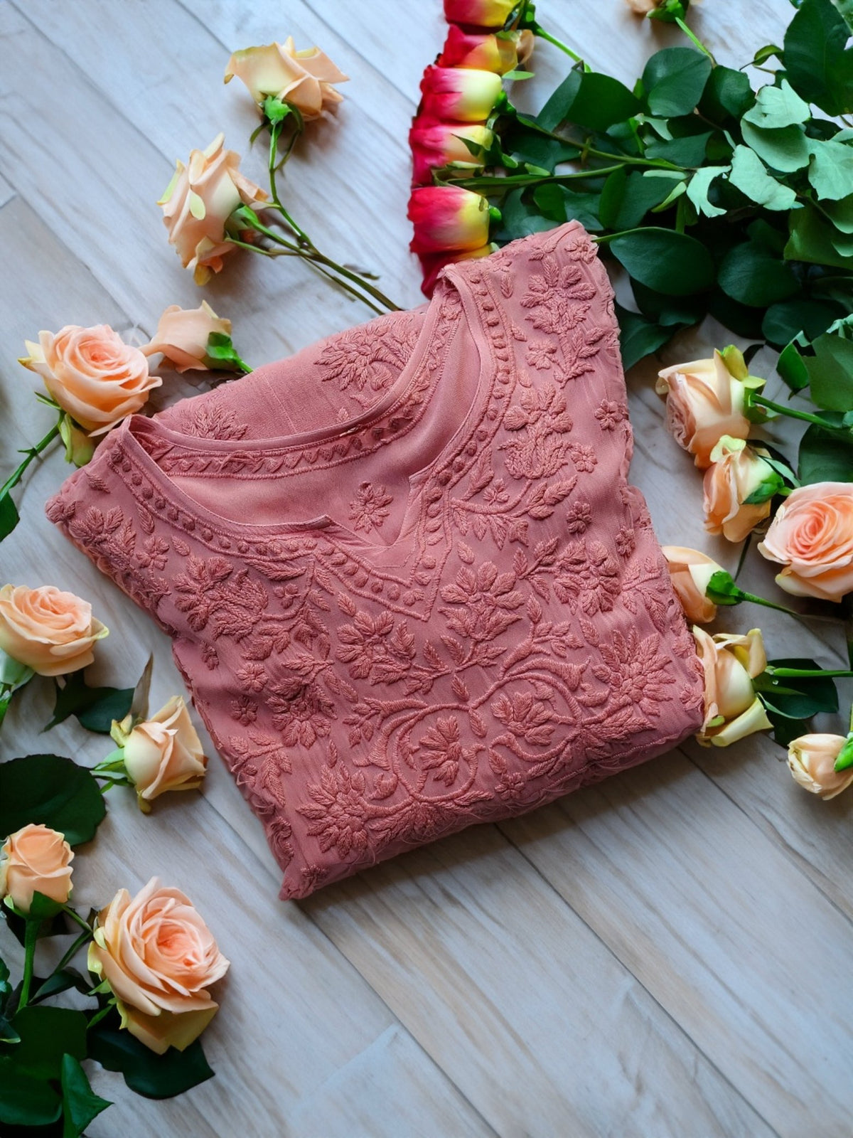 Elham Peach premium soft Georgette Chikankari tunic by LVW Fashion, showcasing intricate embroidery and elegant design.