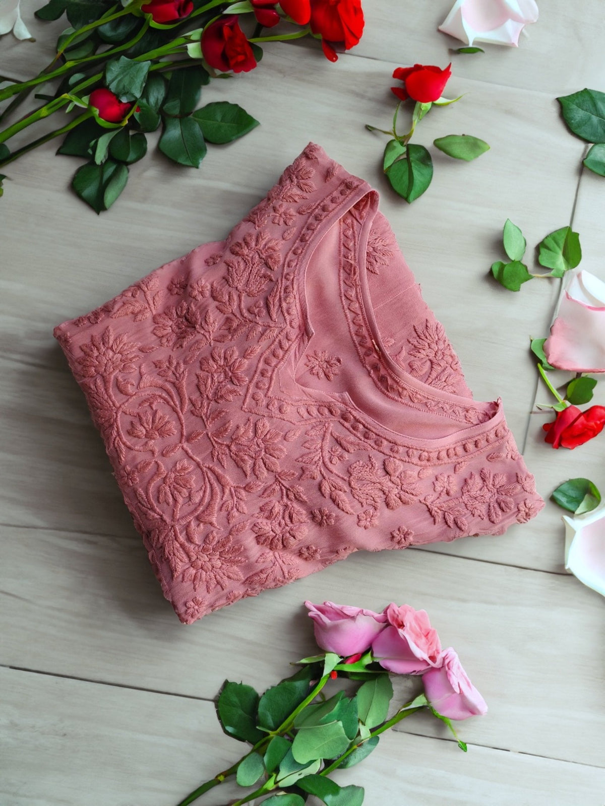 Elham Peach premium soft Georgette Chikankari tunic by LVW Fashion, showcasing intricate hand-embroidered floral chikankari design.