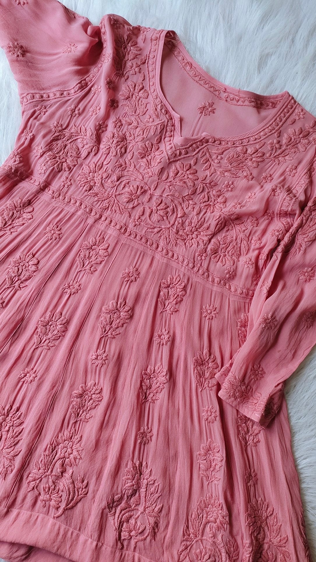 Elham Peach premium soft georgette Chikankari tunic by LVW Fashion, featuring intricate embroidery and a comfortable fit.