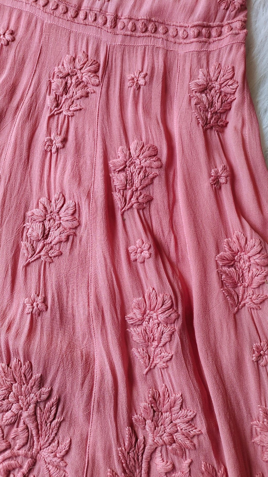 Elham Peach premium soft georgette Chikankari tunic by LVW Fashion featuring intricate hand embroidery and a flowing silhouette.