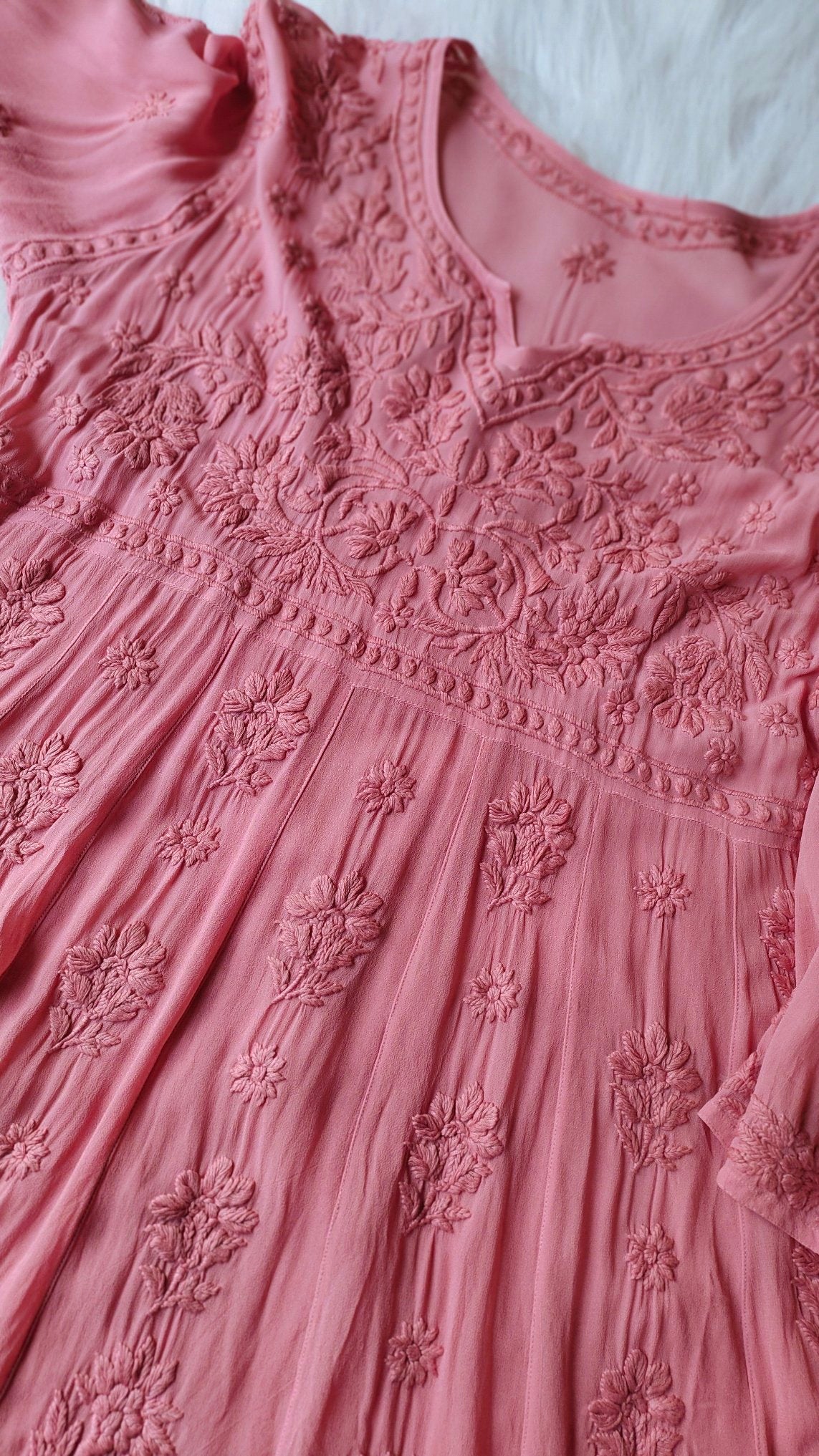 Elham Peach premium soft georgette Chikankari tunic by LVW Fashion, showcasing intricate embroidery and elegant design.