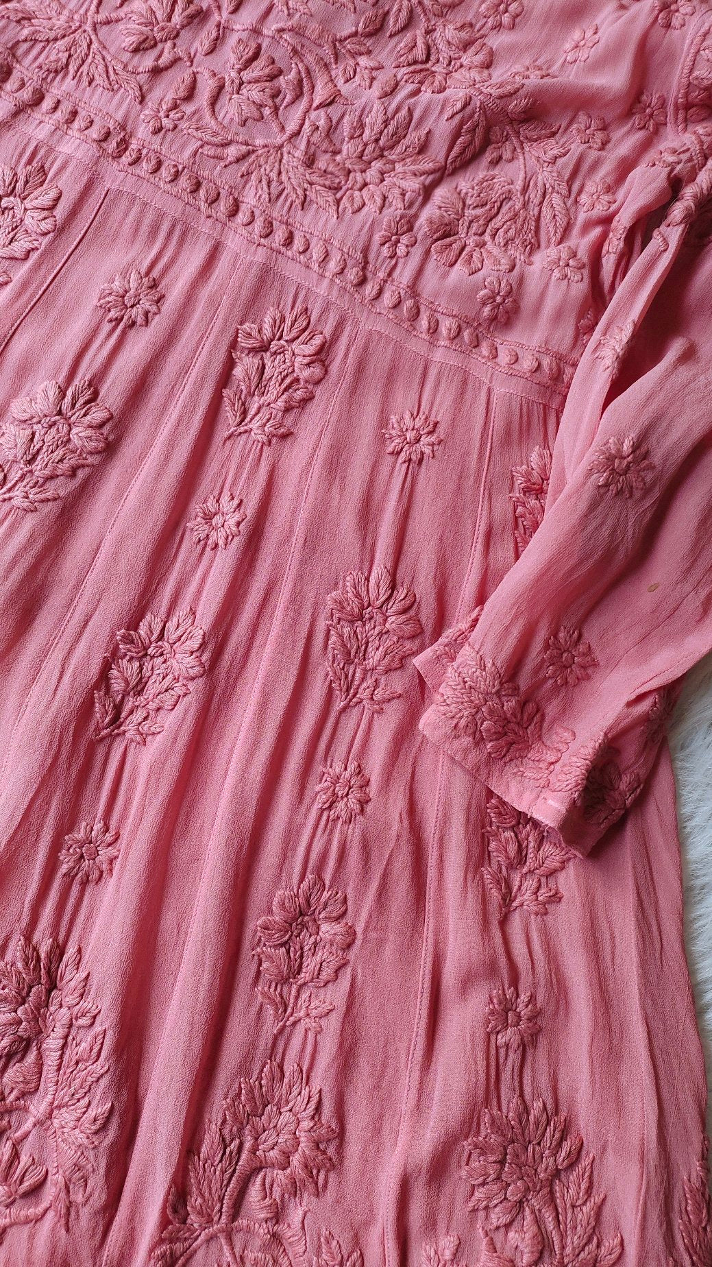 Elham Peach Premium Soft Georgette Chikankari Tunic by LVW Fashion, showcasing intricate white embroidery and a flowing silhouette.