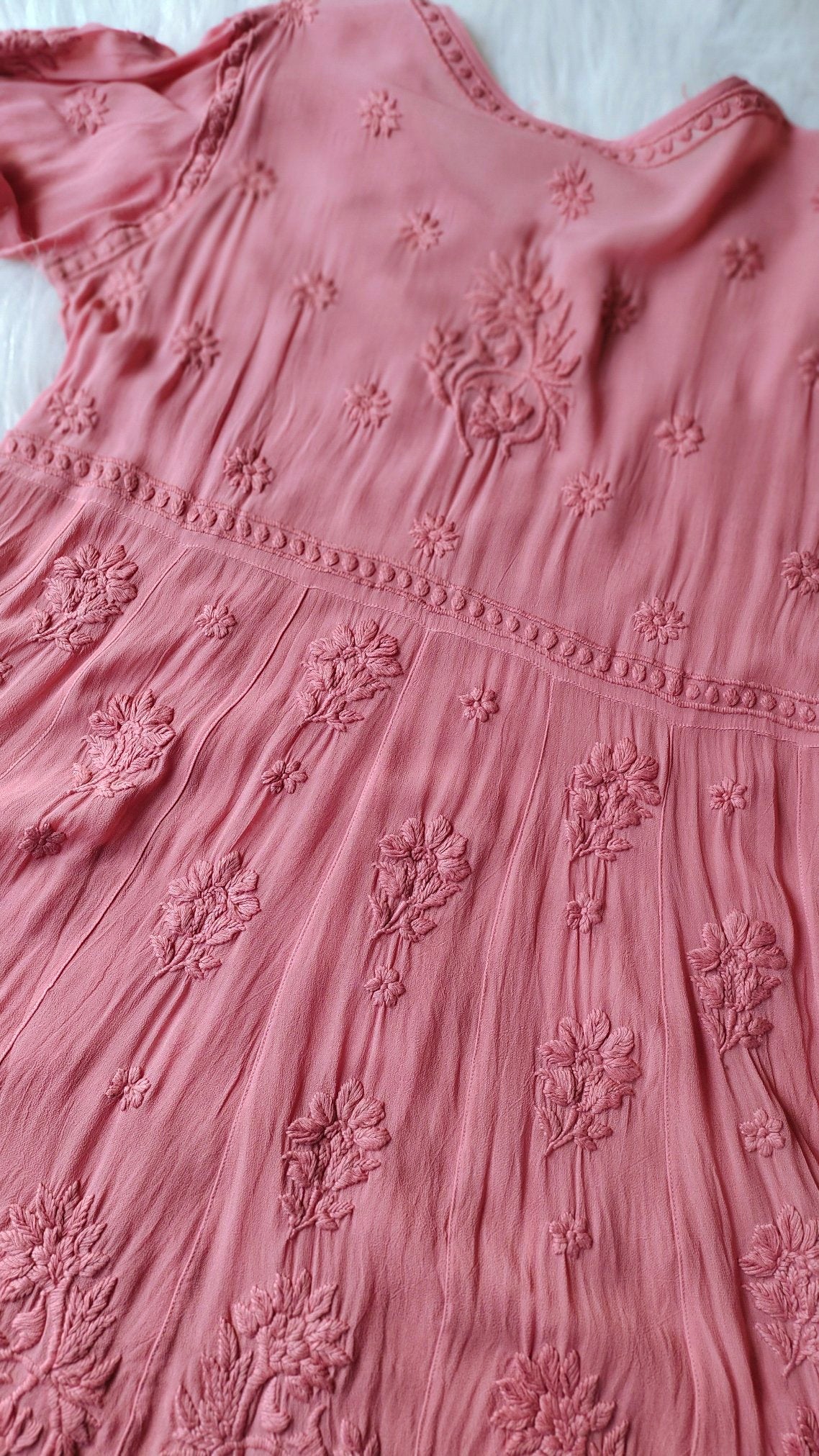 Elham Peach premium soft georgette Chikankari tunic by LVW Fashion, featuring intricate hand embroidery and a relaxed fit.