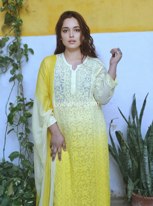 Emil Kurta Dupatta set with intricate Chikankari and Kamdani embroidery by LVW Fashion, featuring traditional craftsmanship.