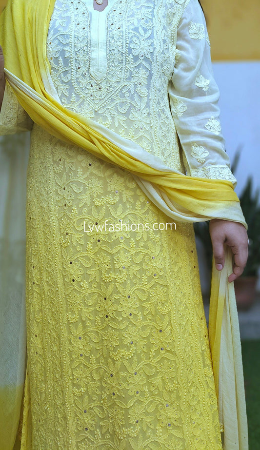 Emil Kurta Duptaa Set with intricate Chikankari and Kamdani embroidery by LVW Fashion, featuring detailed craftsmanship and elegant design.