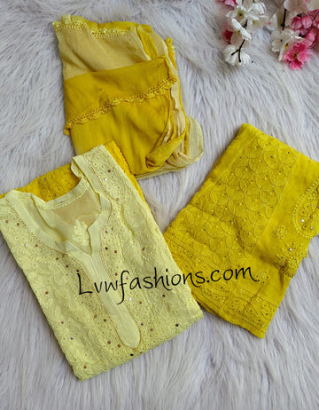 Emil Premium Georgette Floral Motifs Chikankari 3-piece set by LVW Fashion, featuring intricate floral embroidery on lightweight fabric.