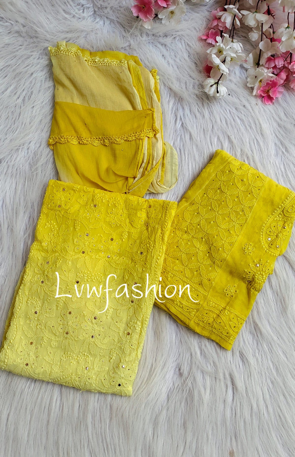Emil Premium Georgette Floral Motifs Chikankari 3-piece set by LVW Fashion featuring intricate floral embroidery on lightweight georgette fabric