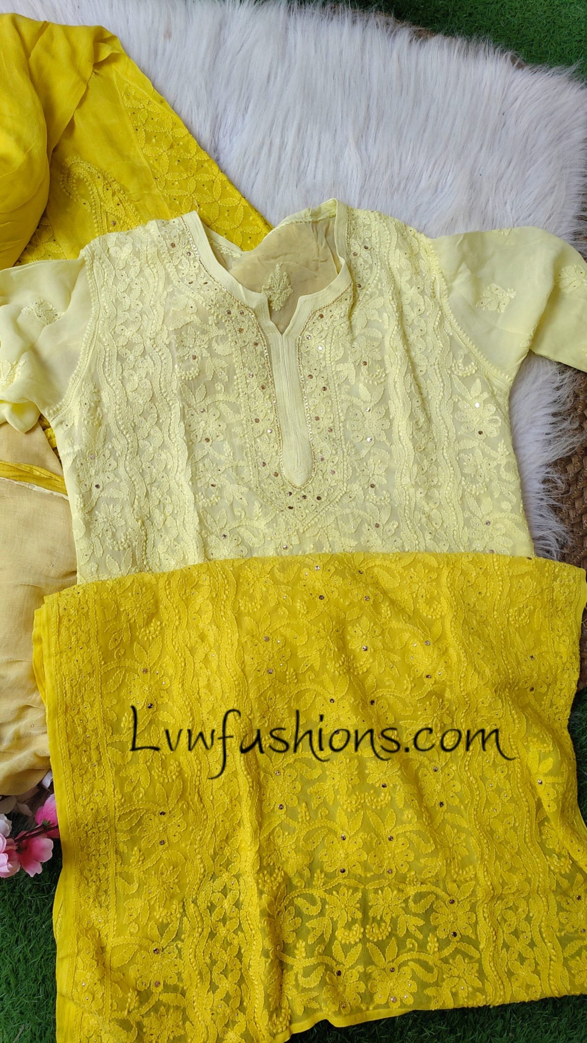 Emil Premium Georgette Floral Motifs Chikankari 3-piece set by LVW Fashion, featuring intricate floral embroidery on lightweight fabric.