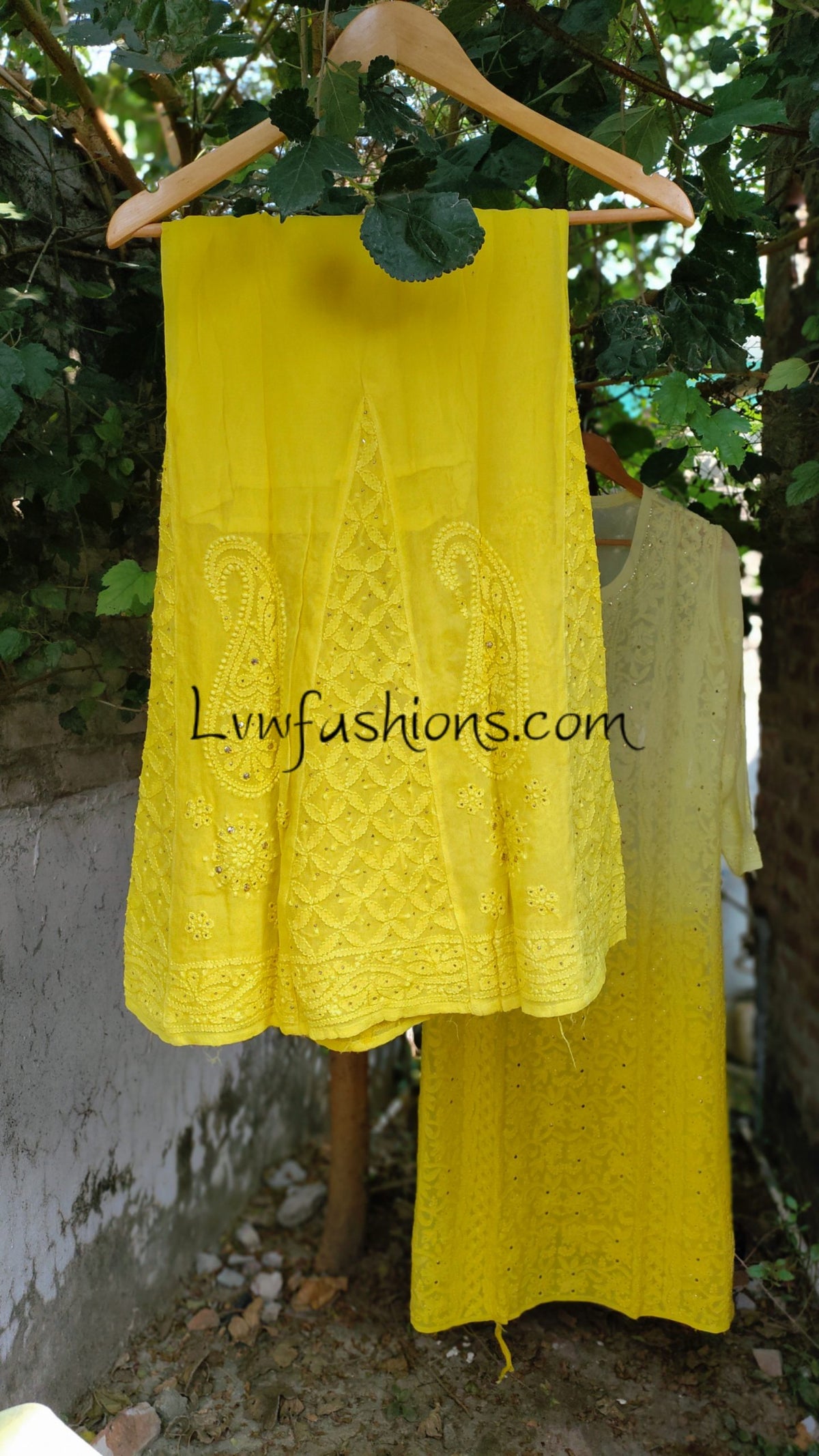Emil Premium Georgette Floral Motifs Chikankari 3-piece set by LVW Fashion showing intricate floral embroidery and elegant fabric details.
