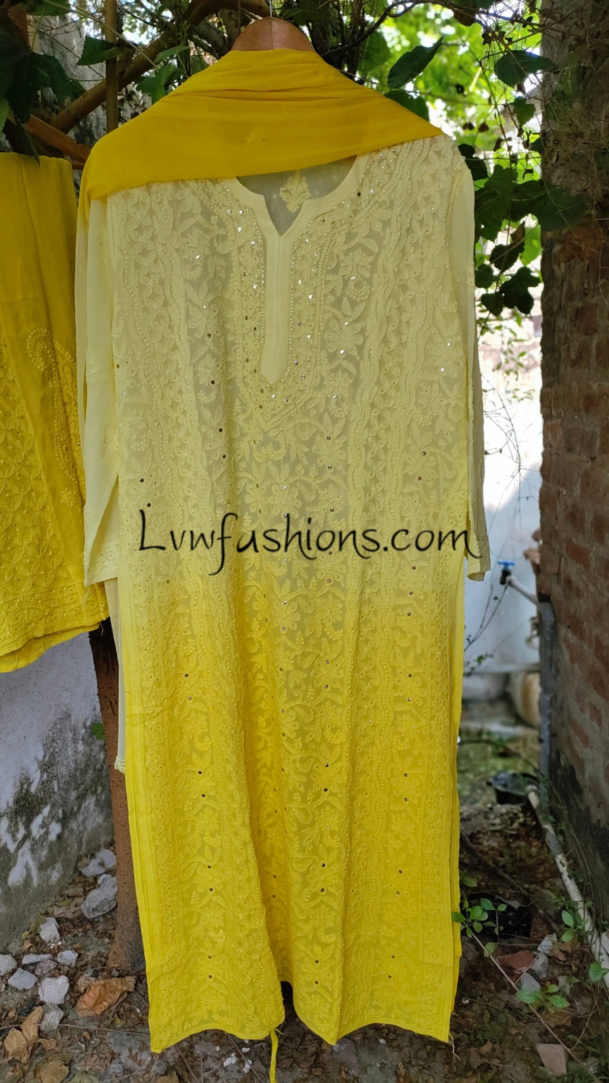 Emil Premium Georgette Floral Motifs Chikankari 3-piece set by LVW Fashion, featuring intricate floral embroidery on lightweight fabric.
